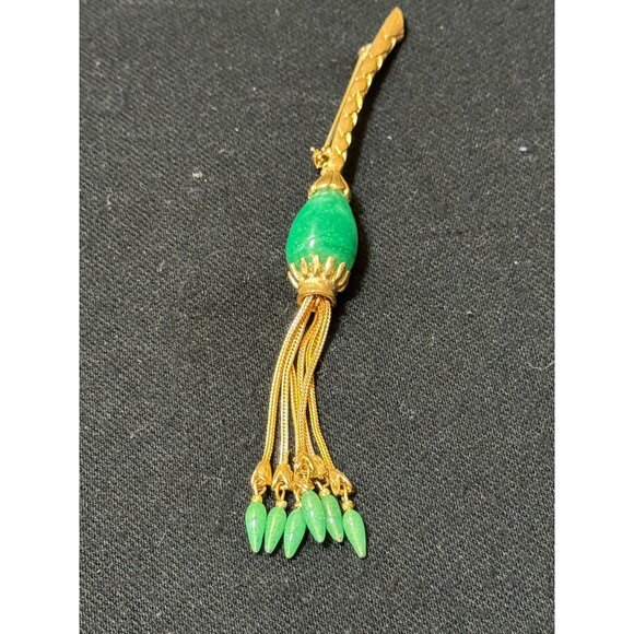 Vintage Gold Tone  Brooch With  Turquoise & Gold Chain And Turquoise Tassel - Picture 1 of 10